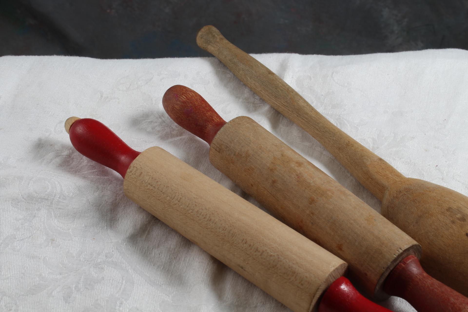 2 Wooden Children's Rolling Pins w/Red Handles & 1 Wooden Kitchen Spoon 9.5"