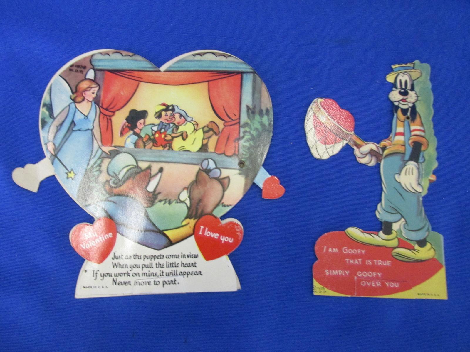 3 Vintage Disney Valentines: 1939 Walt Disney  Productions  (Goofy) & Pinnochio