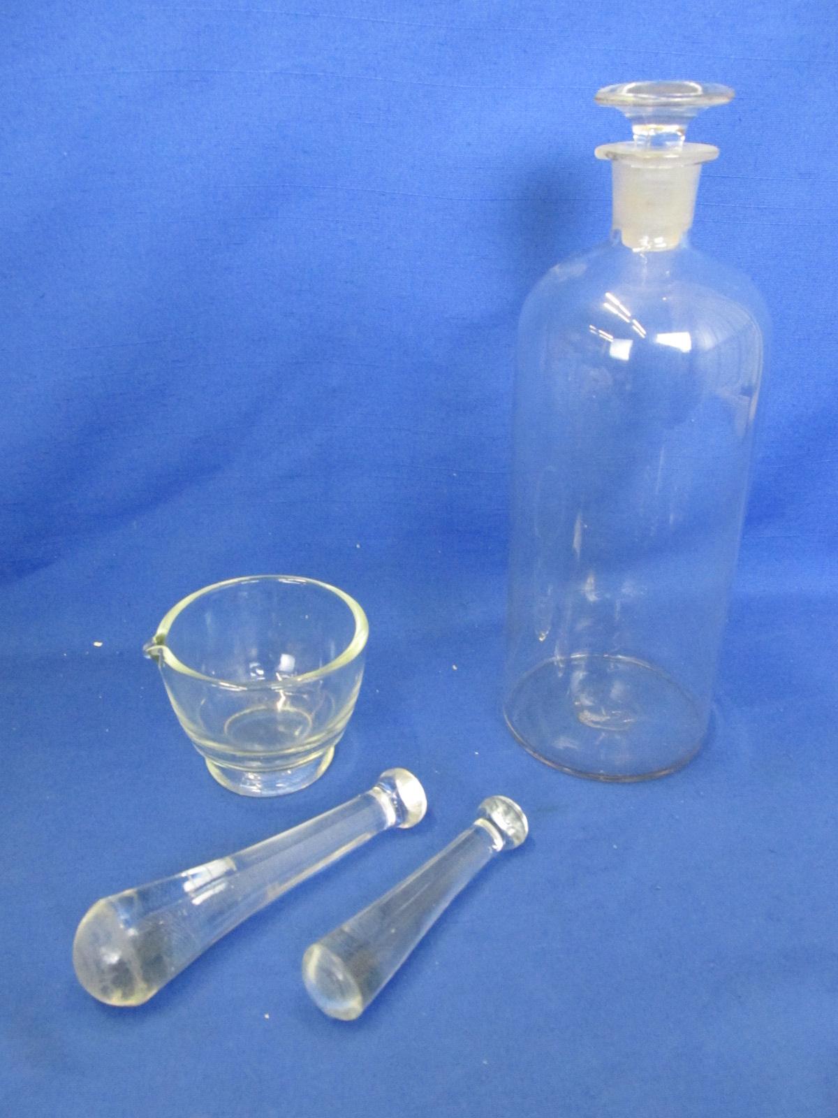 Apothecary Bottle/Chem. Jar & Stopper; Glass Mortar  w/ 2 Pestles