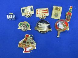 Group of 8 Pins: Olympics: Budweiser & AT& T, Bud Bowl II, Lite Beer,Tabasco,  (more)
