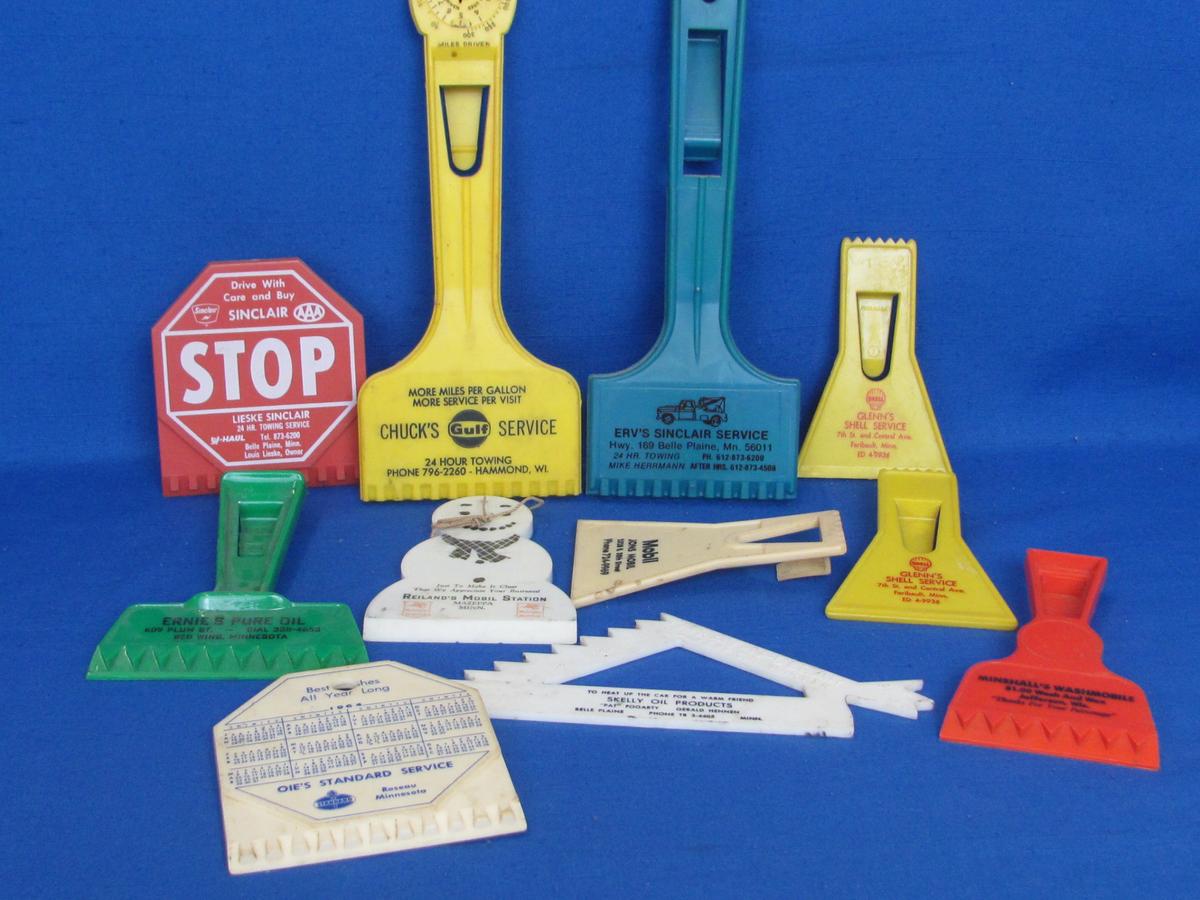 Lot of Vintage Gas & Oil Advertising: Car Scrapers – Gulf, Shell, Mobil, Sinclair