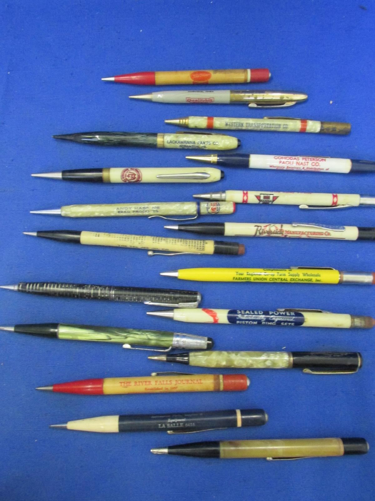 18 Vintage Mechanical Pencils – Many w/ Advertising – 1940's-50's era