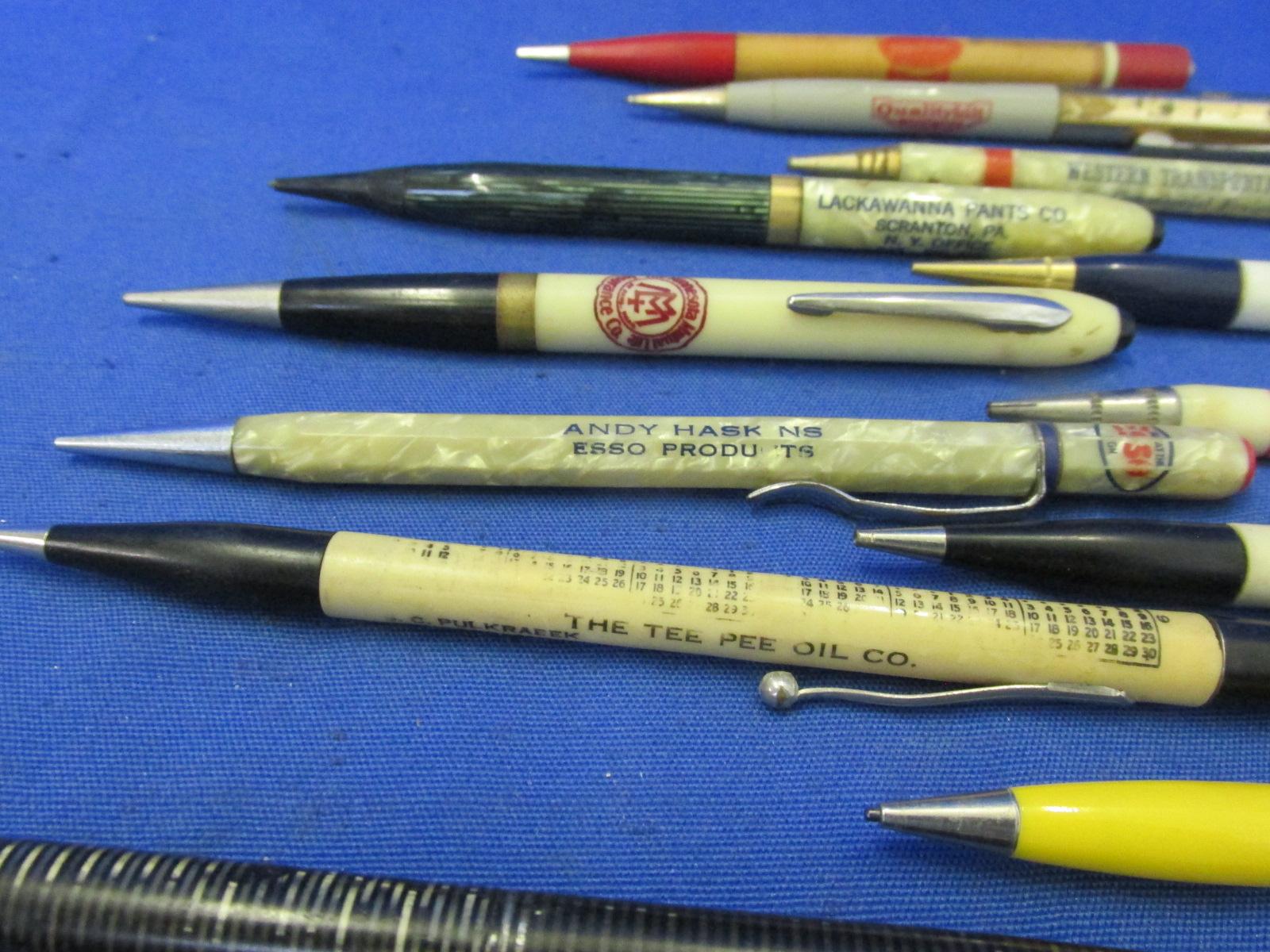 18 Vintage Mechanical Pencils – Many w/ Advertising – 1940's-50's era