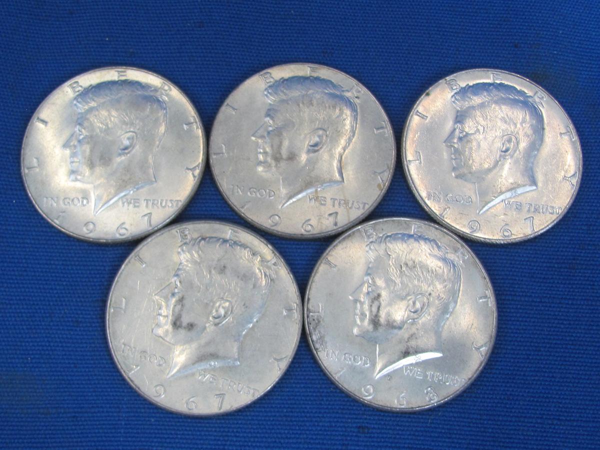 5 Kennedy Half Dollars – 40% Silver – 197(x4), 1968-D