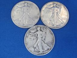3 Walking Liberty Half Dollars – 1942, 1937, 1939-D