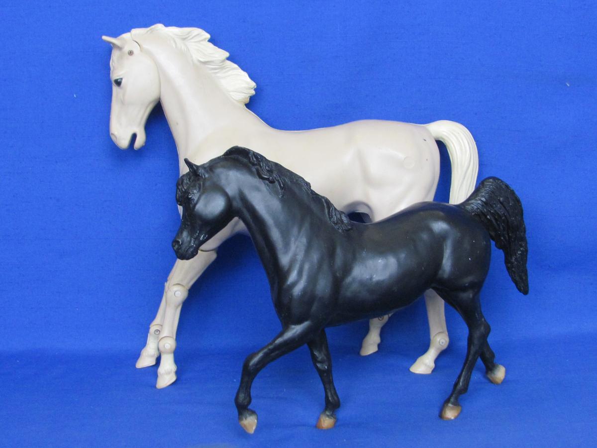 2 Plastic Horses: Black One by Breyer – Other has Jointed Limbs – Larger is 12” long