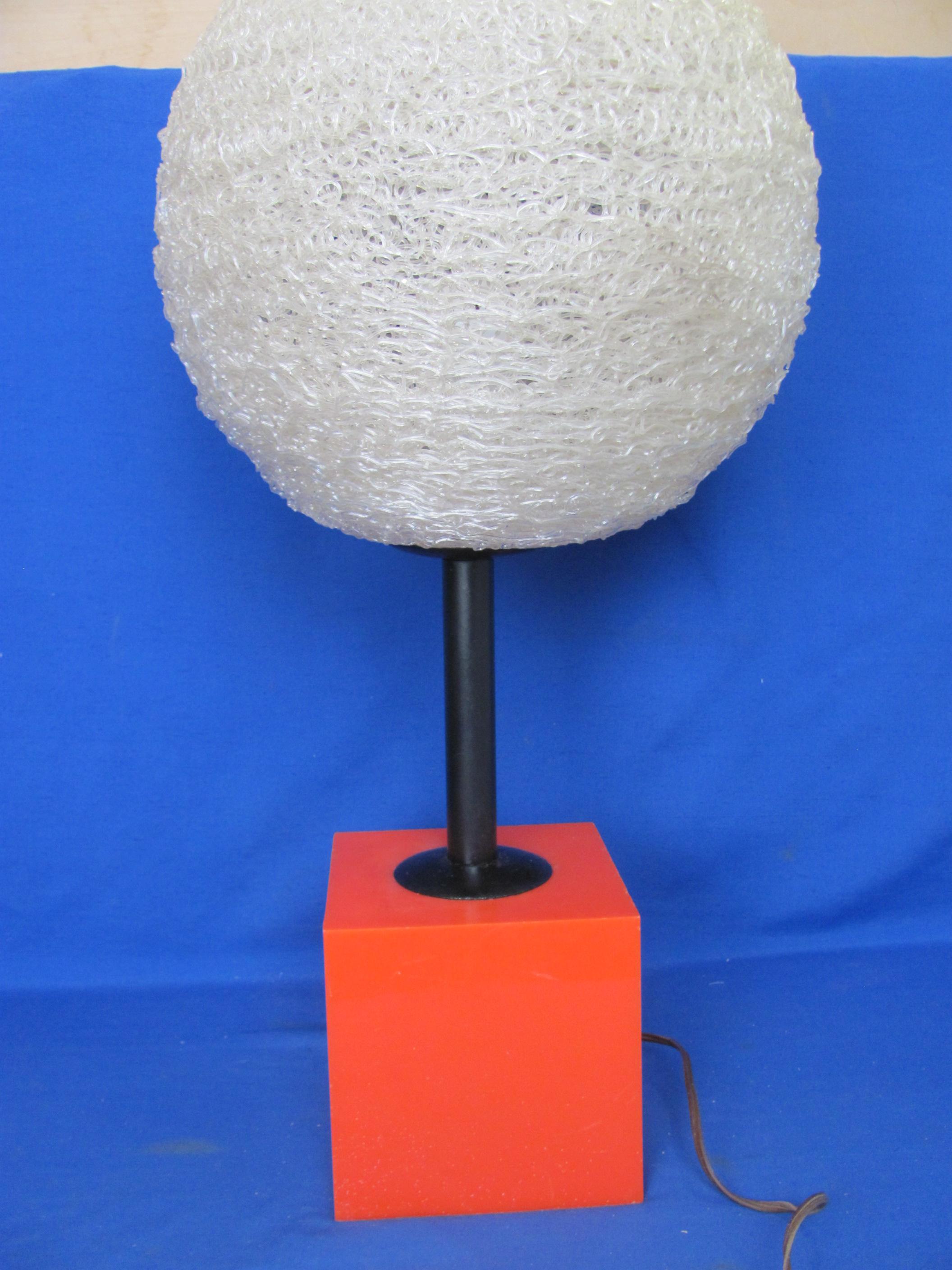 Retro Plastic Lamp – Orange Cube Base with Spun Plastic Ball – 24” tall – Works