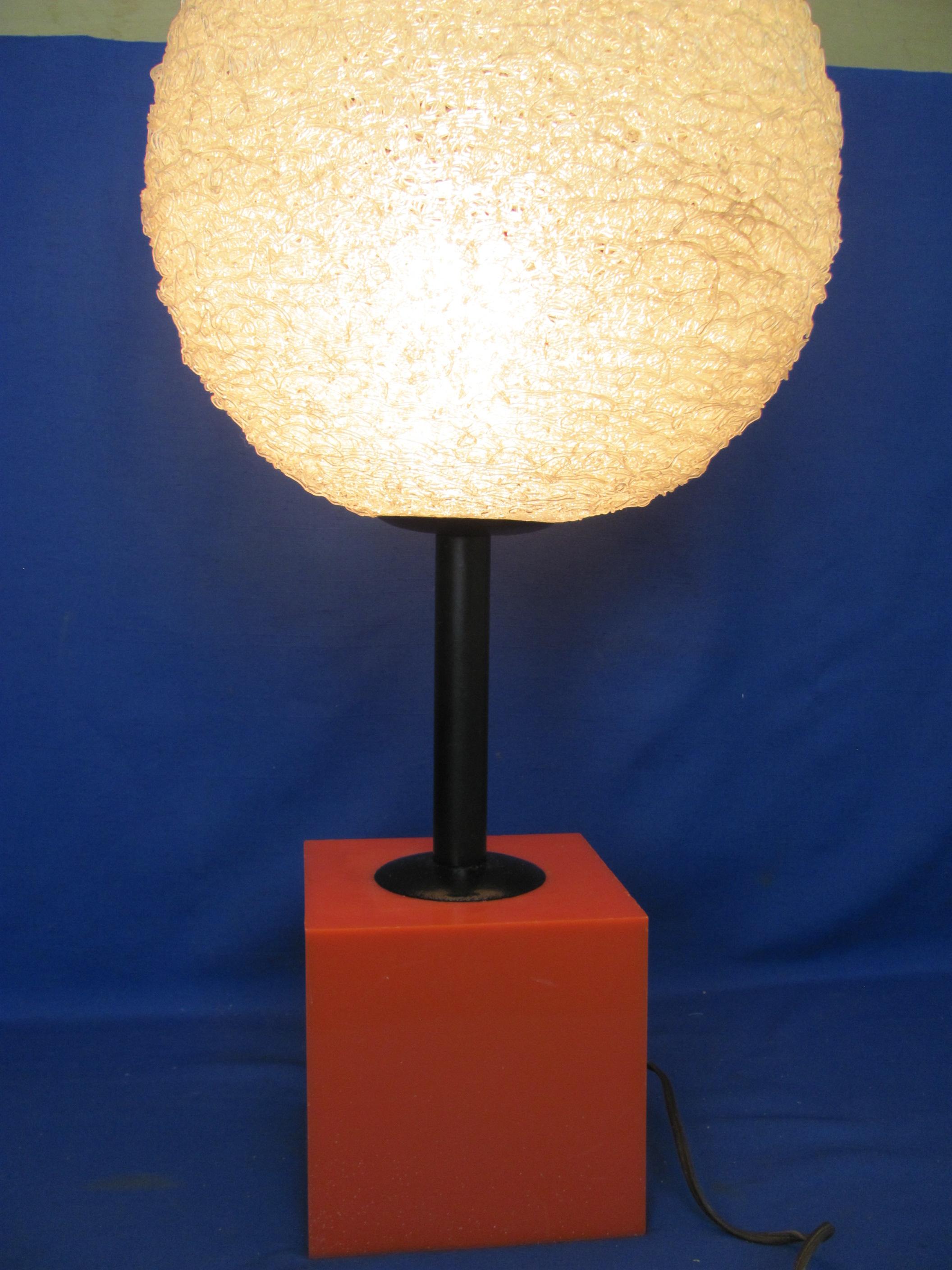 Retro Plastic Lamp – Orange Cube Base with Spun Plastic Ball – 24” tall – Works