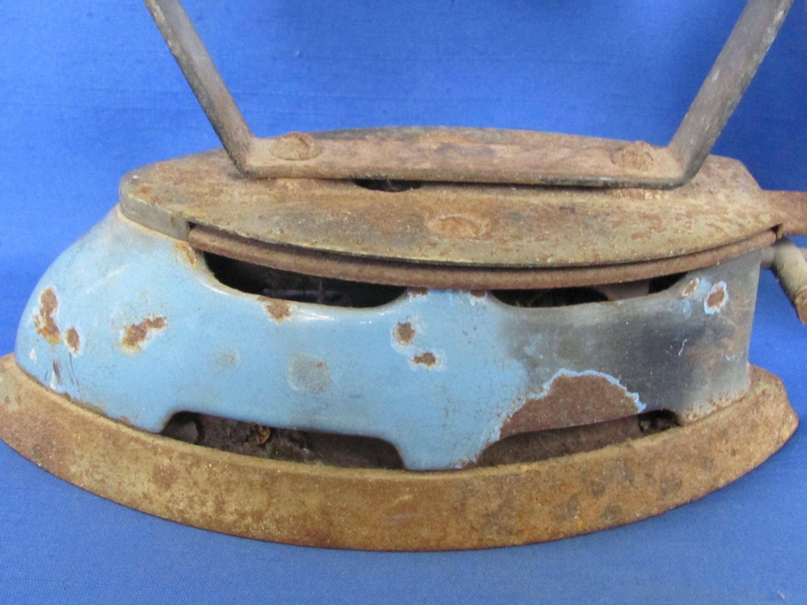 Vintage Blue Enamel Gas Powered Iron – Coleman? About 10 3/4” long