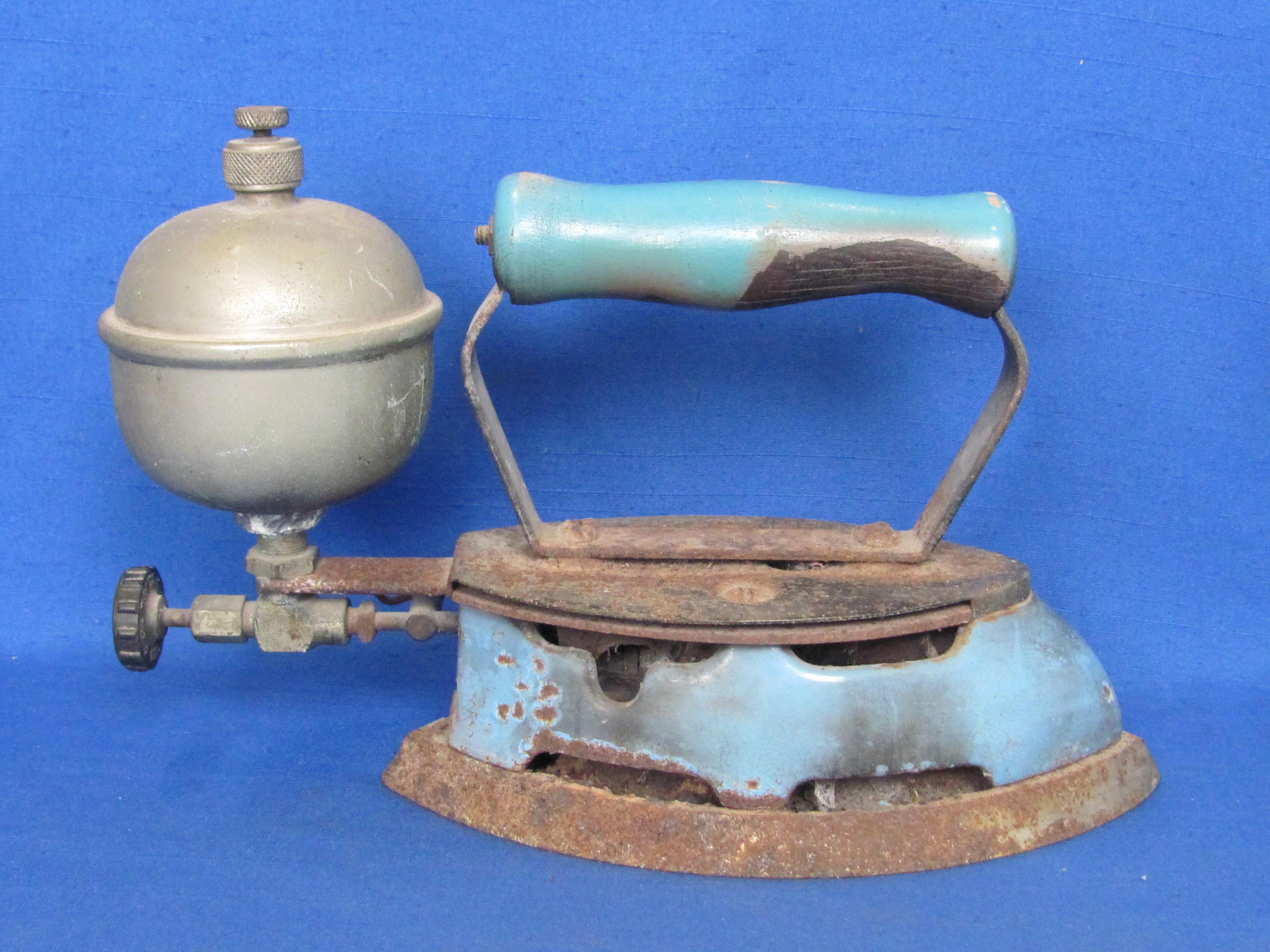 Vintage Blue Enamel Gas Powered Iron – Coleman? About 10 3/4” long