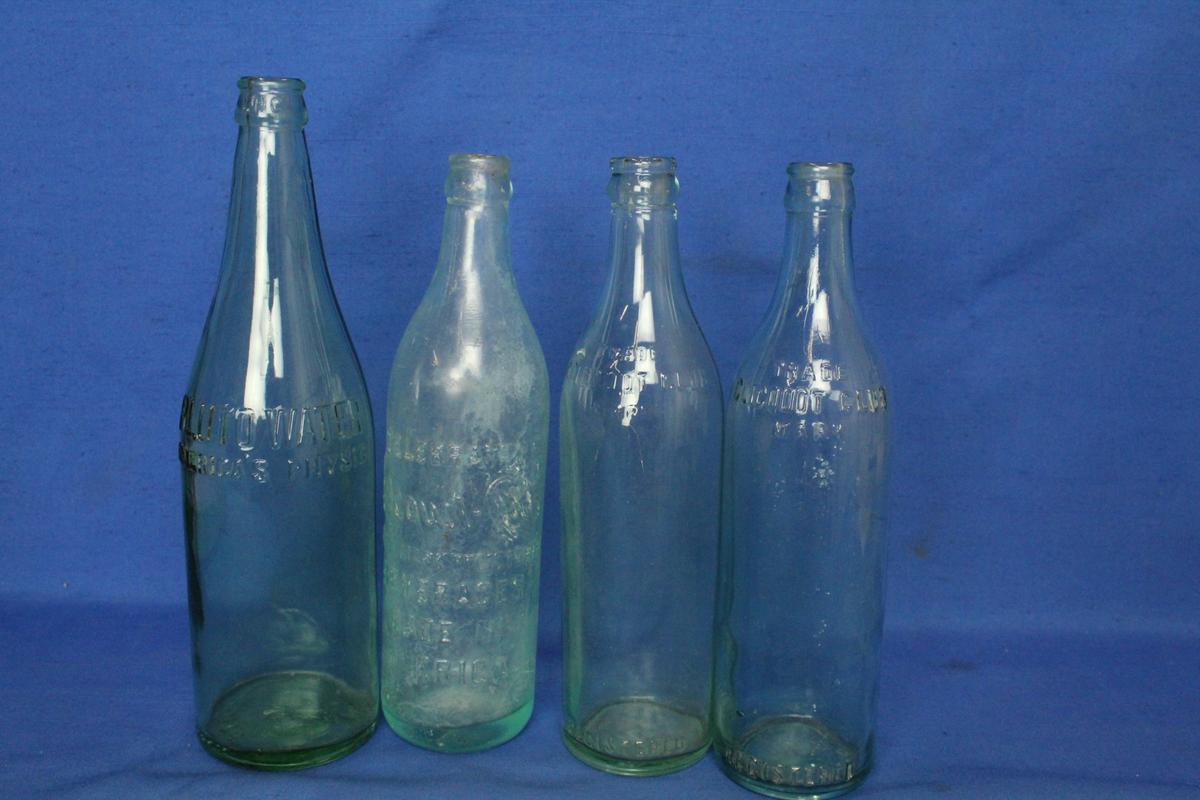 4 Vintage Aqua-Glass Beverage Bottles – 1940's era  or before: 3 Cliquot Club – 1 Pluto