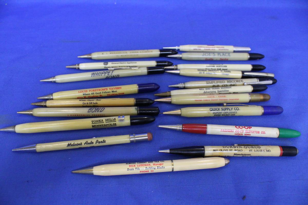 19 Vintage Advertising Mechanical Pencils – Cream Colors w/ Assorted decorative ends