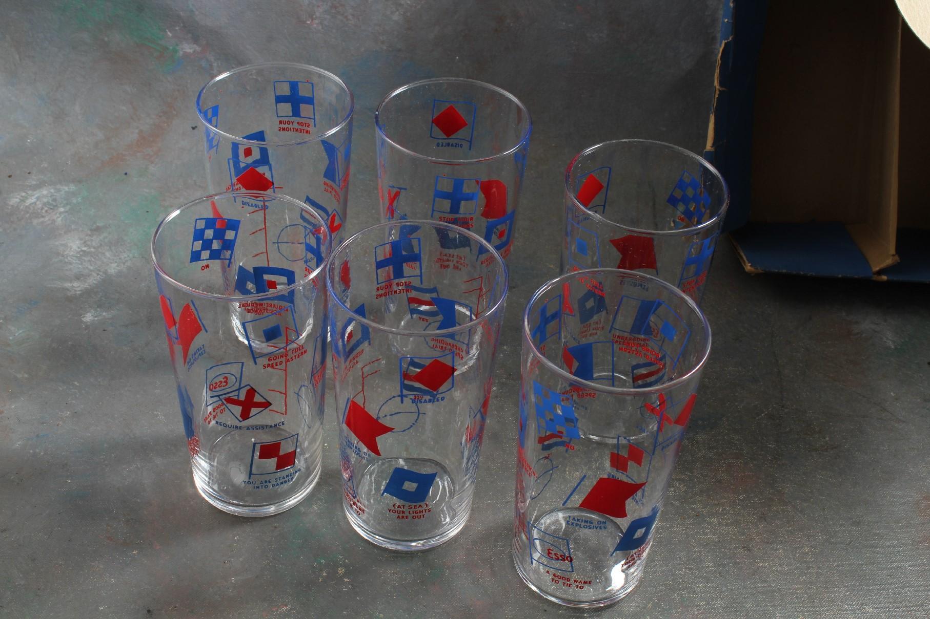 Vintage Set of 6 ESSO Gasoline Nautical Flag Tumbler Glasses in Libbey Box