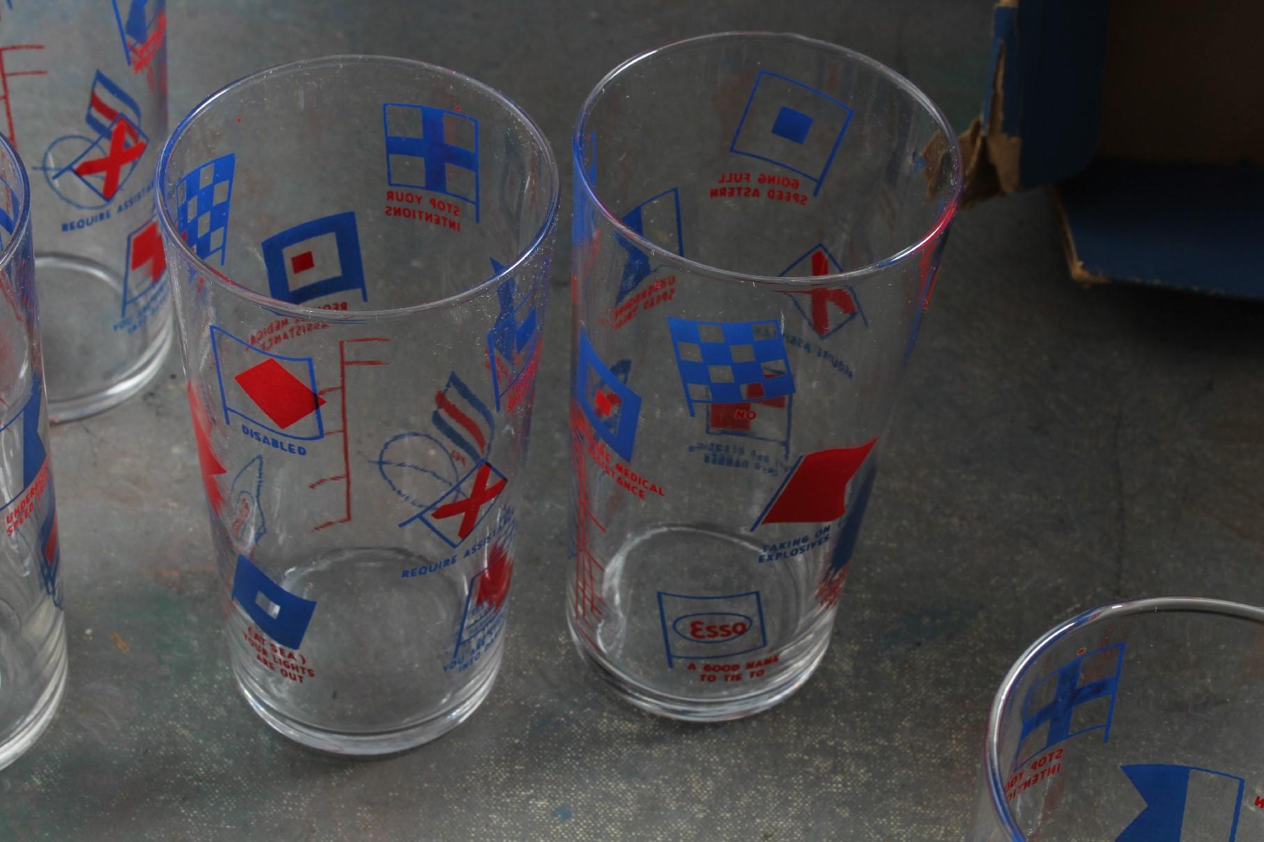 Vintage Set of 6 ESSO Gasoline Nautical Flag Tumbler Glasses in Libbey Box