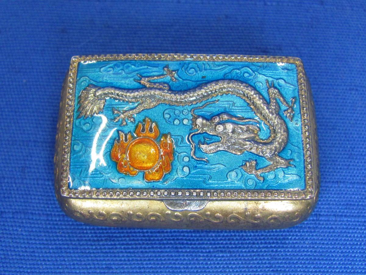 Small Enamel Pill or Snuff Box – Dragon on the Lid – 1 1/2” wide