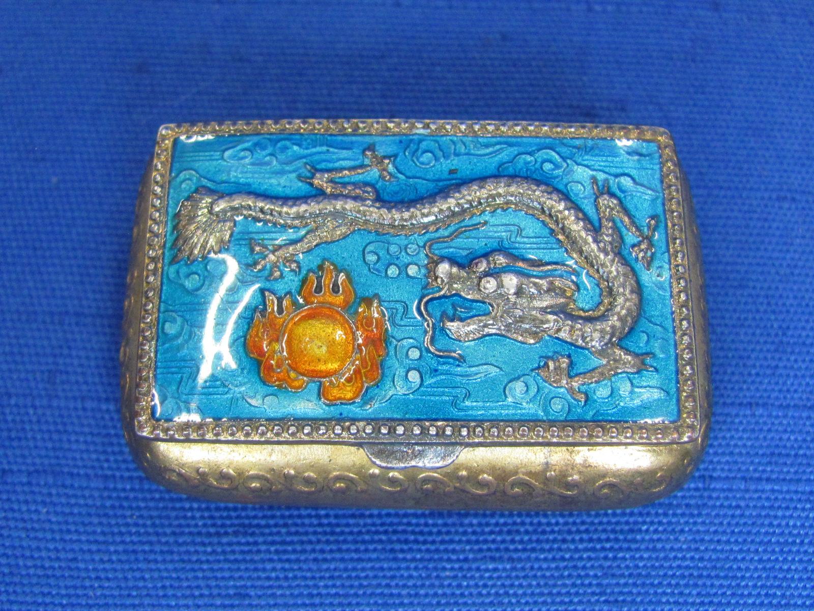 Small Enamel Pill or Snuff Box – Dragon on the Lid – 1 1/2” wide