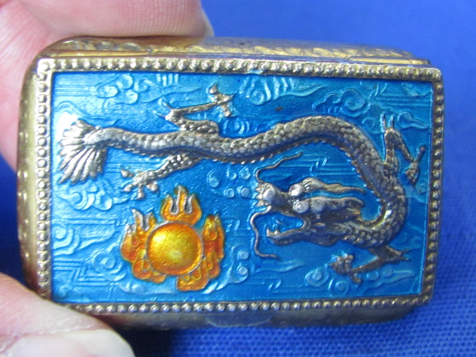 Small Enamel Pill or Snuff Box – Dragon on the Lid – 1 1/2” wide