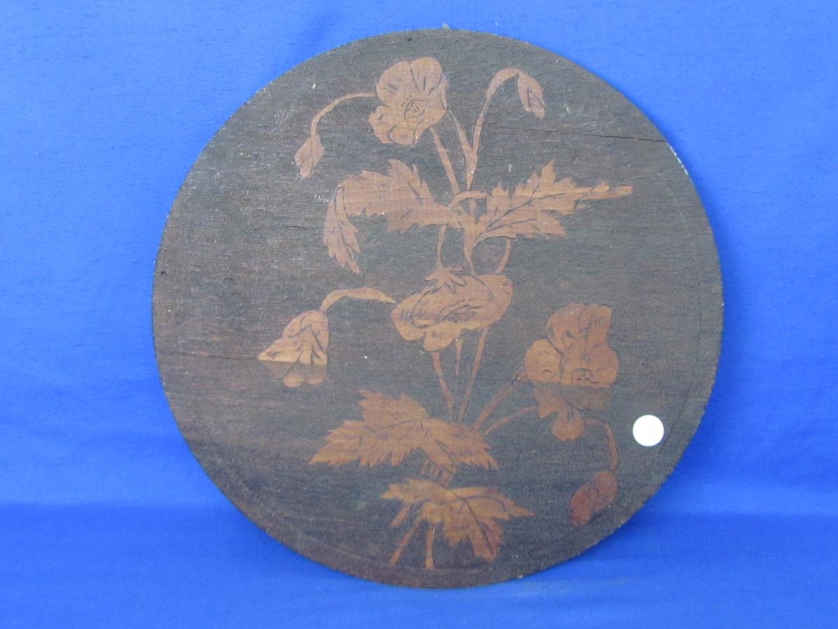 Vintage Pyrography Round Wood Picture - Floral Design - See Back