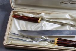 Vintage Crown Crest Sheffield England Carving Set in Original Box Horn Handles