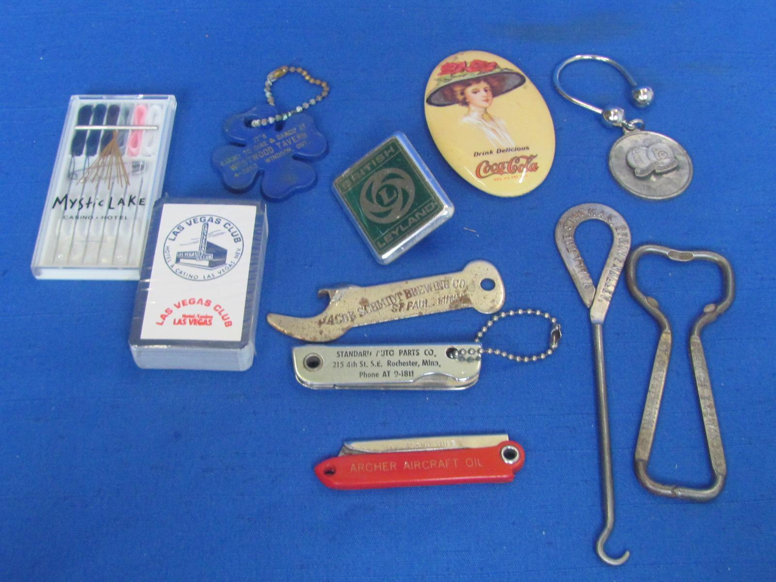 Mixed Lot of Advertising: Button Hook “Viall the Shoe Man, Spring Valley” Archer Aircraft Oil Knife