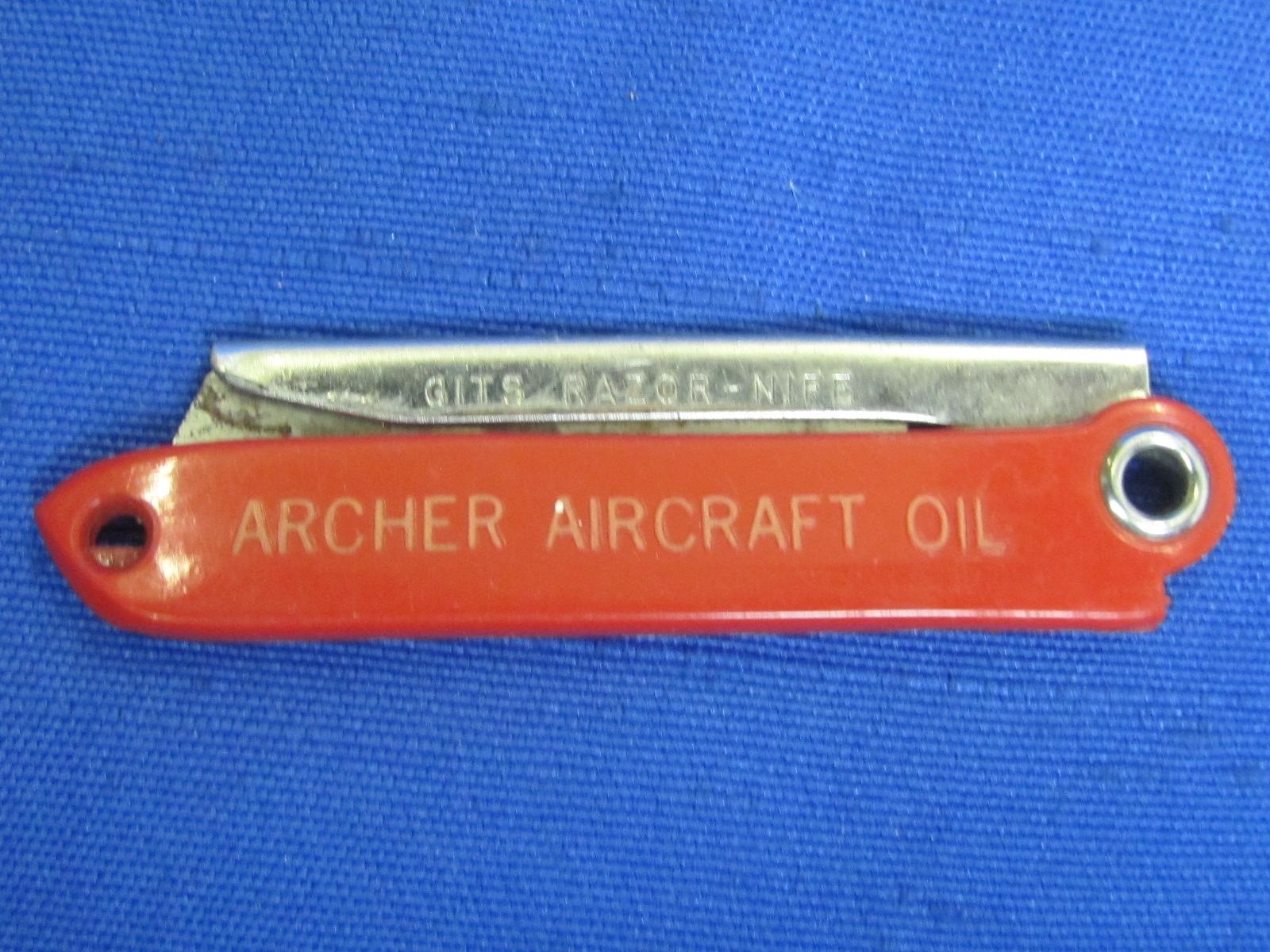 Mixed Lot of Advertising: Button Hook “Viall the Shoe Man, Spring Valley” Archer Aircraft Oil Knife