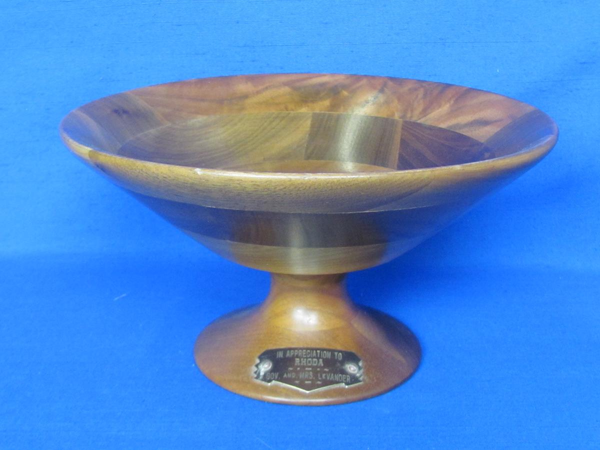 Footed Wood Bowl w Plaque “In Appreciation to Rhoda – Gov. and Mrs. LeVander”