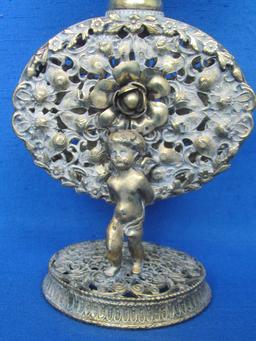 Ornate Metal Perfume Bottle with Dabber – Floral Design with Cherubs – 7 1/2” tall