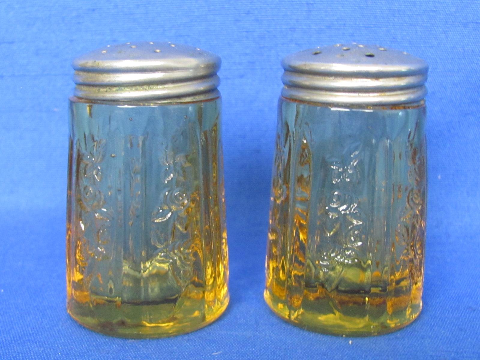 Shakers: Blue Moon & Stars Sugar by Smith, Amber Sharon by Federal Glass, Etched Pair