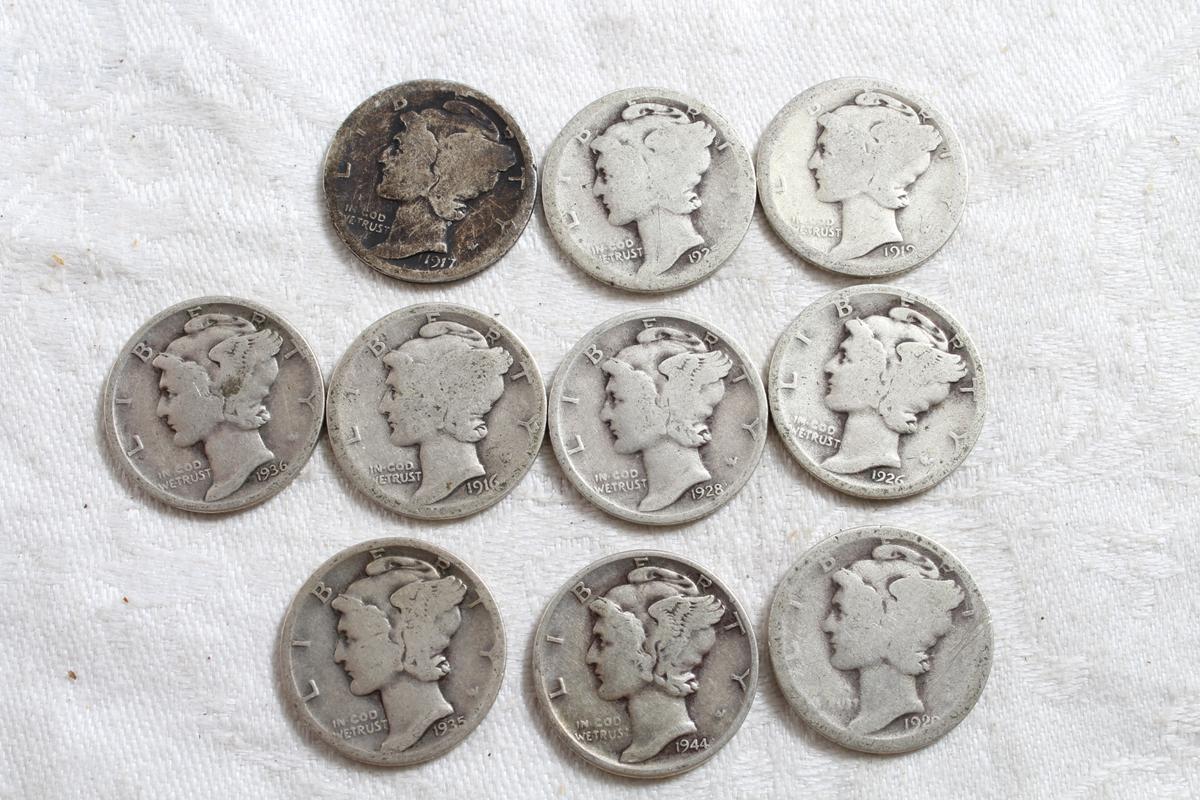 10 Vintage Mercury Silver Dimes