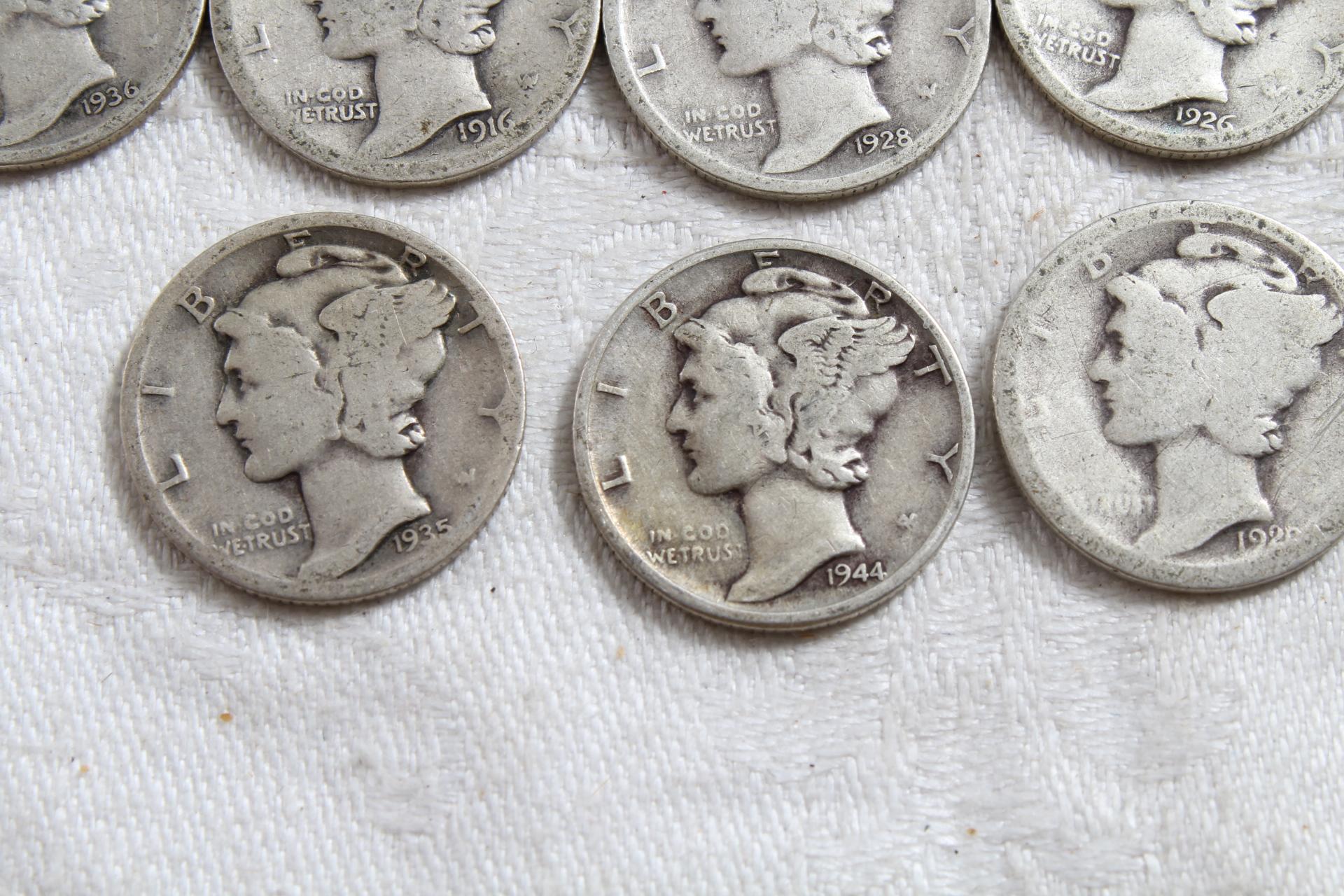 10 Vintage Mercury Silver Dimes