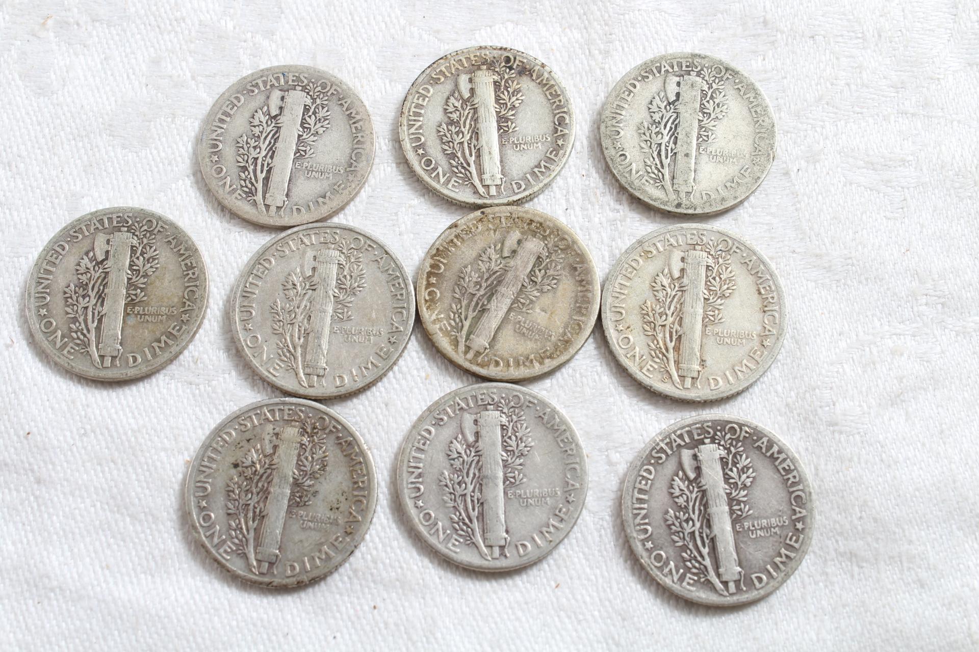 10 Vintage Mercury Silver Dimes