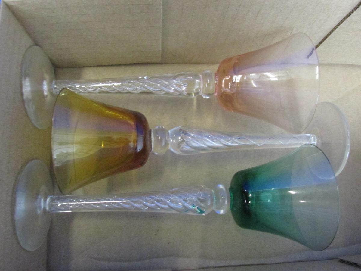 3 Colored Glass Cordials:  Rose, Golden, & Green bells on spun  glass stems