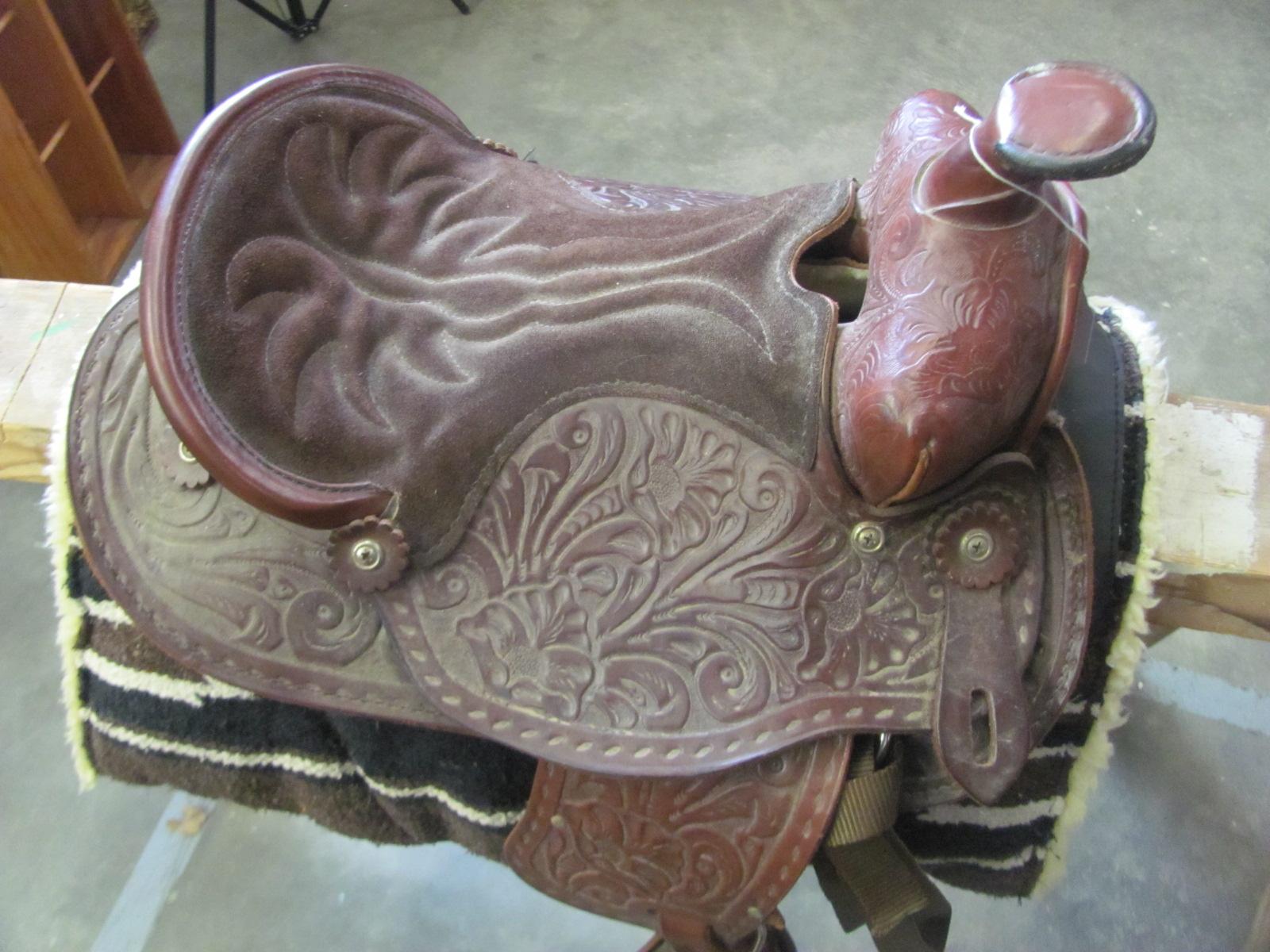 Western Saddle w/stirrups (pad not included – see lot 13) – great detail