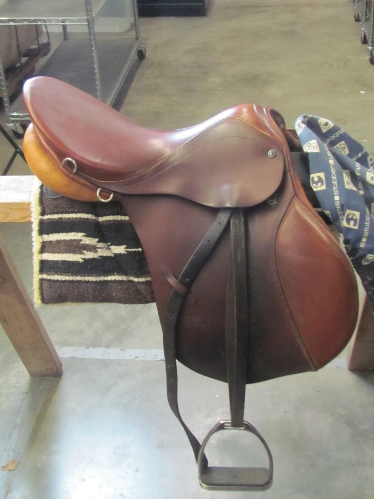 Stubben 17.5” Brown Leather Saddle w/stirrups and cover (see lot 13 for pad)