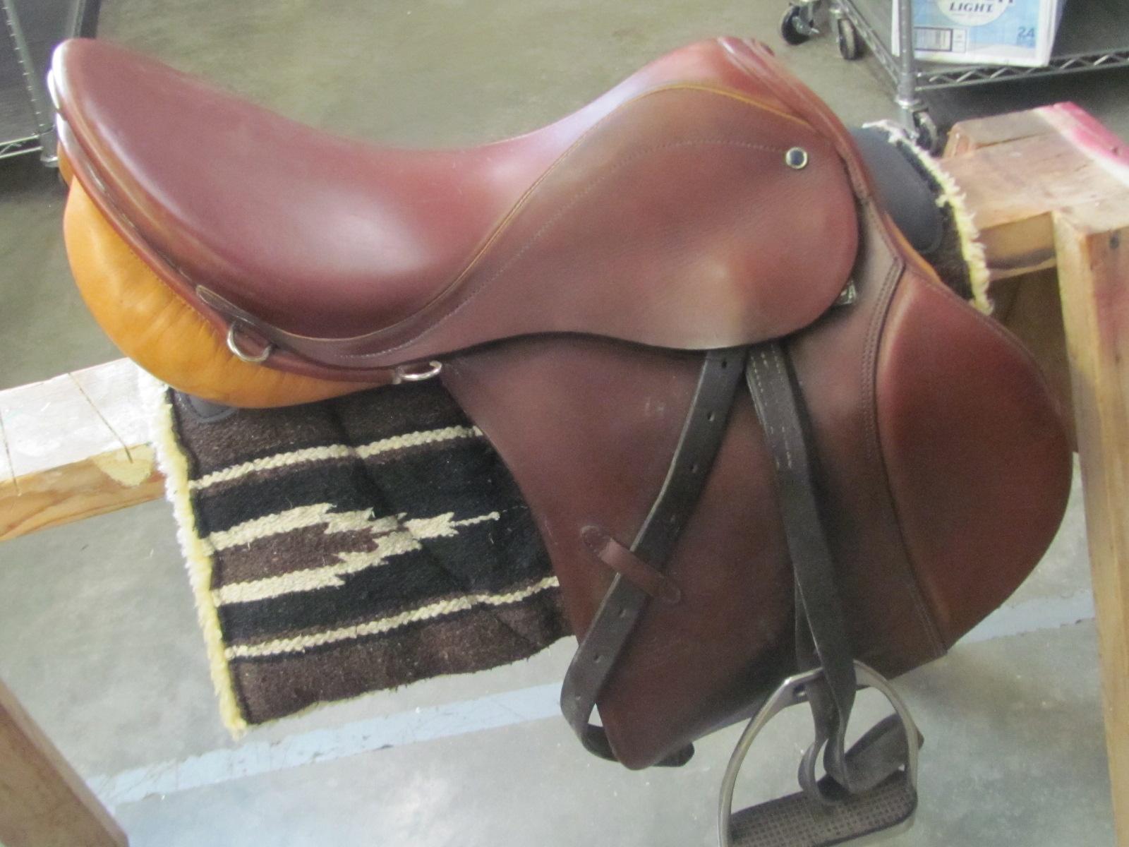 Stubben 18” Brown Leather Saddle w/cover and stirrups (see lot 13 for pad)