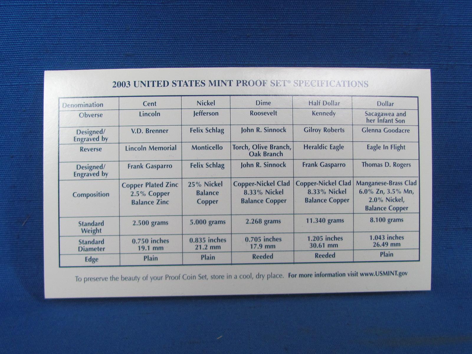 United Stated Proof Set – 2003 S – 10 Piece Set in Original Government Packaging