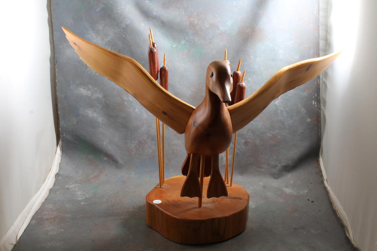 1999 B.W. Lease Signed Large Duck Wood Carving in Bed of Cattails 17 1/2" Tall x 25" Wide Wingspan
