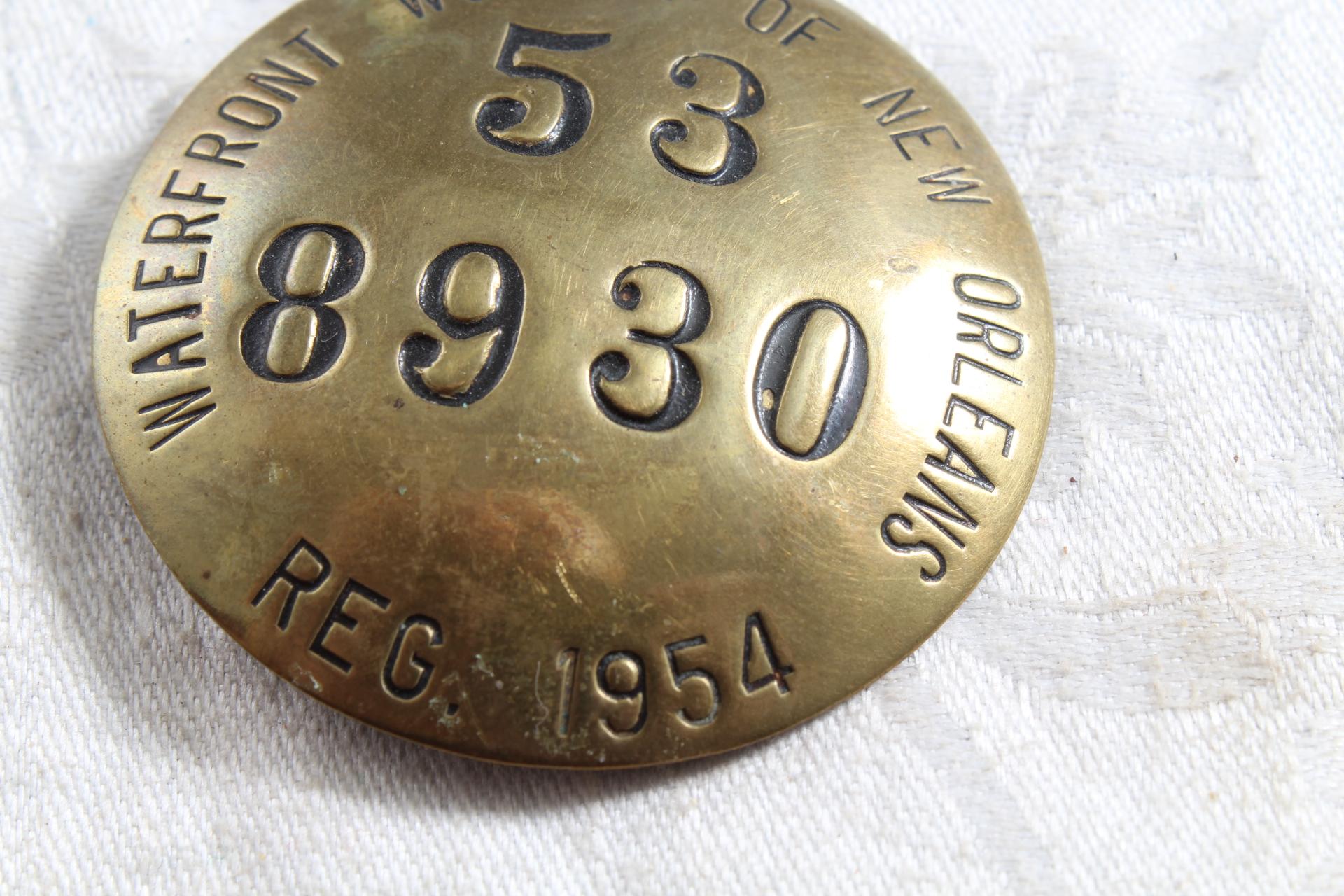 1954 Brass Waterfront Worker of New Orleans Employee ID Badge 2" Diameter