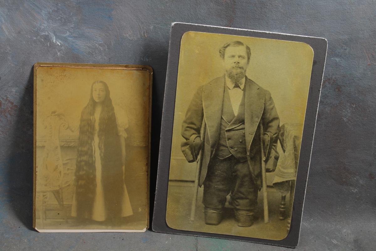 2 Reproduction Cabinet Card Photographs of Oddities Woman Hair to Floor, Man with no Legs