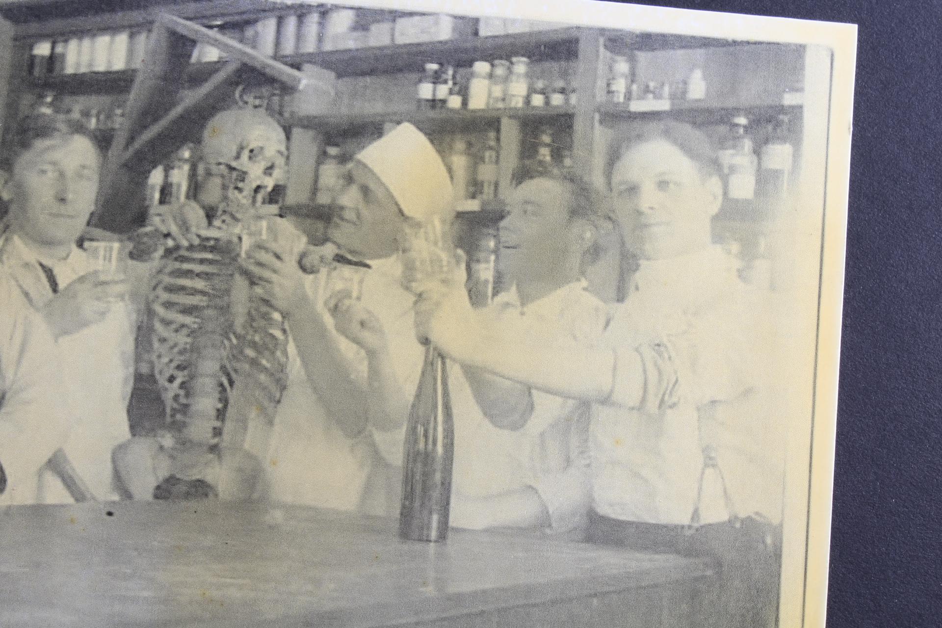 1960 John F Kennedy Postcard & Reproduction Cabinet Card of Medical Students w Cadaver Skeleton