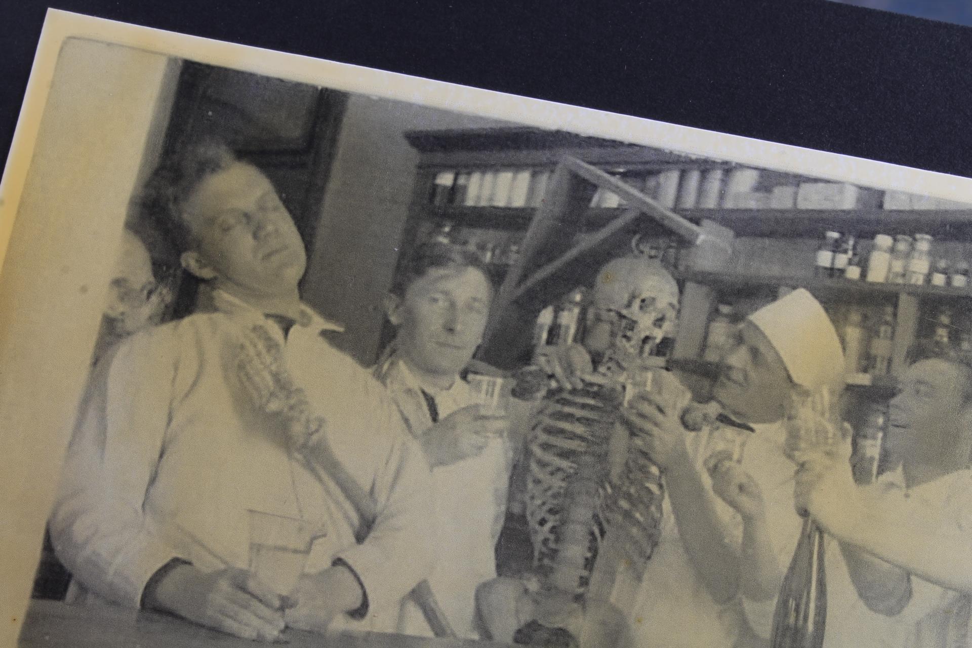 1960 John F Kennedy Postcard & Reproduction Cabinet Card of Medical Students w Cadaver Skeleton