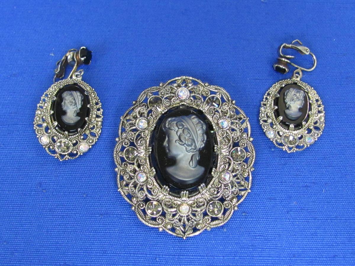 Vintage Cameo & Rhinestone Pin & Clip-on Earrings Set – Pin is 2 1/2” long