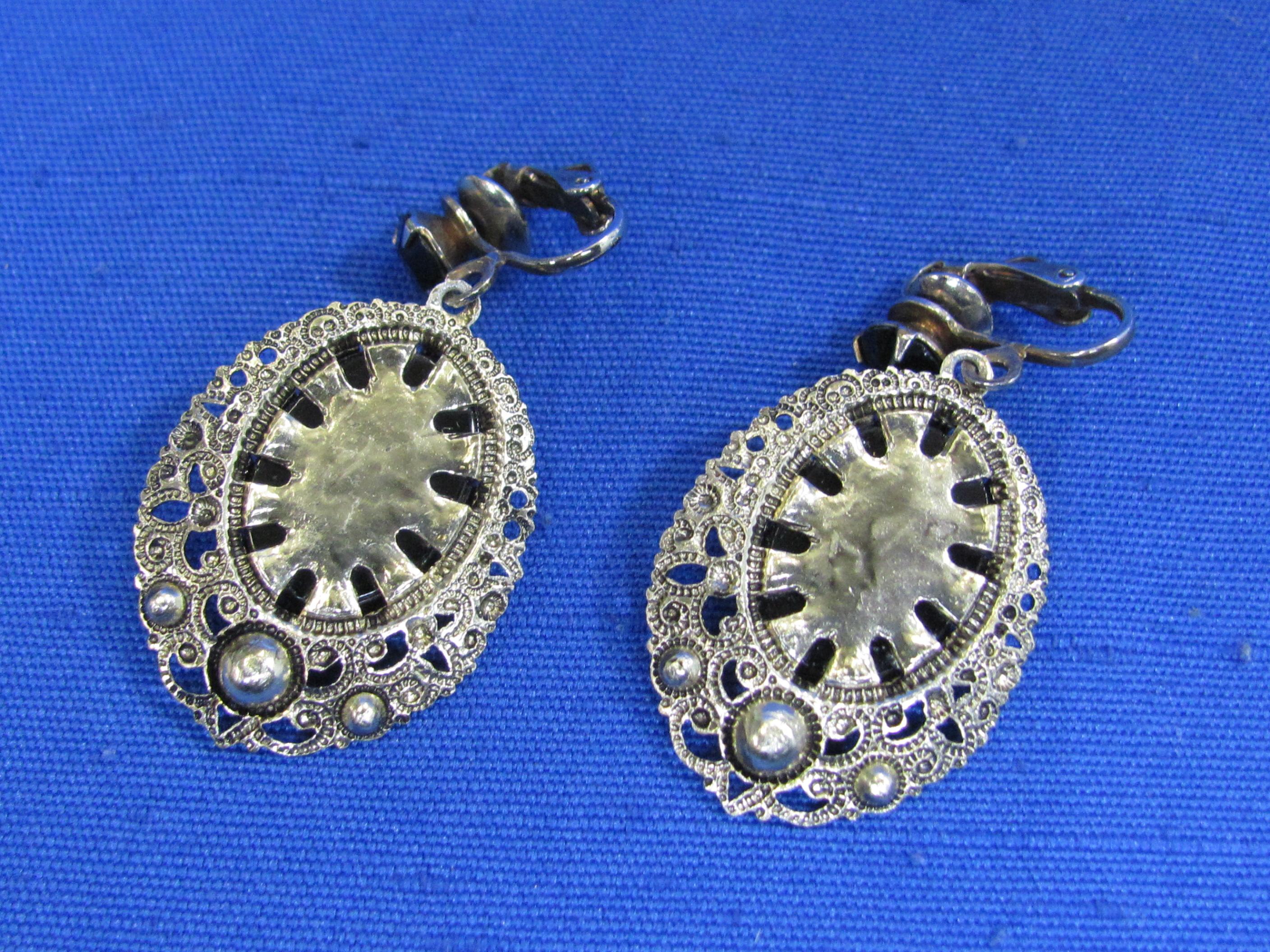 Vintage Cameo & Rhinestone Pin & Clip-on Earrings Set – Pin is 2 1/2” long