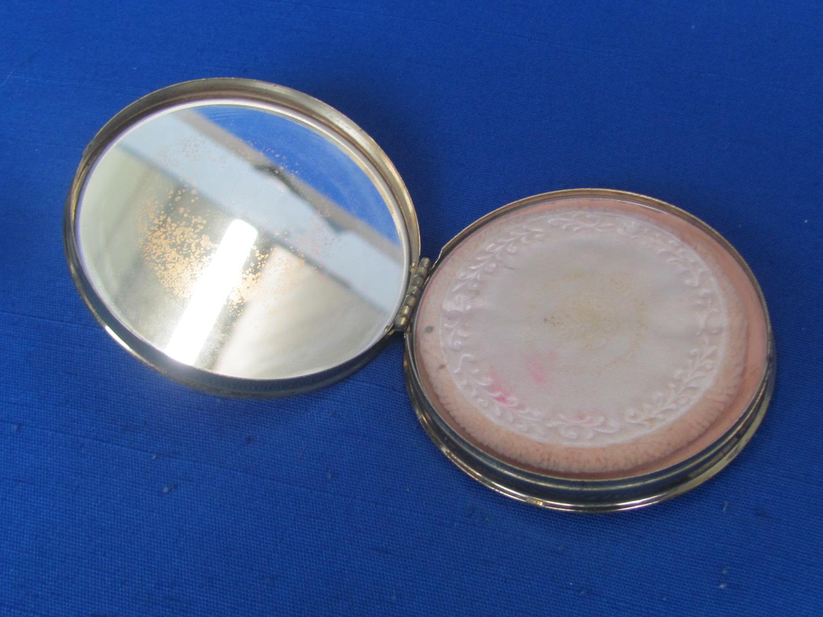 Vanity Lot: Hand Mirror, Max Factor Cream Puff, Bejeweled Nail File & Mirror w Japanese scene