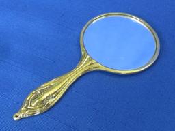 Vanity Lot: Hand Mirror, Max Factor Cream Puff, Bejeweled Nail File & Mirror w Japanese scene