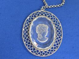 Whiting & Davis Intaglio Pendant & Clip-on Earrings Set – Chain is 18” - Pendant is 2 1/4”