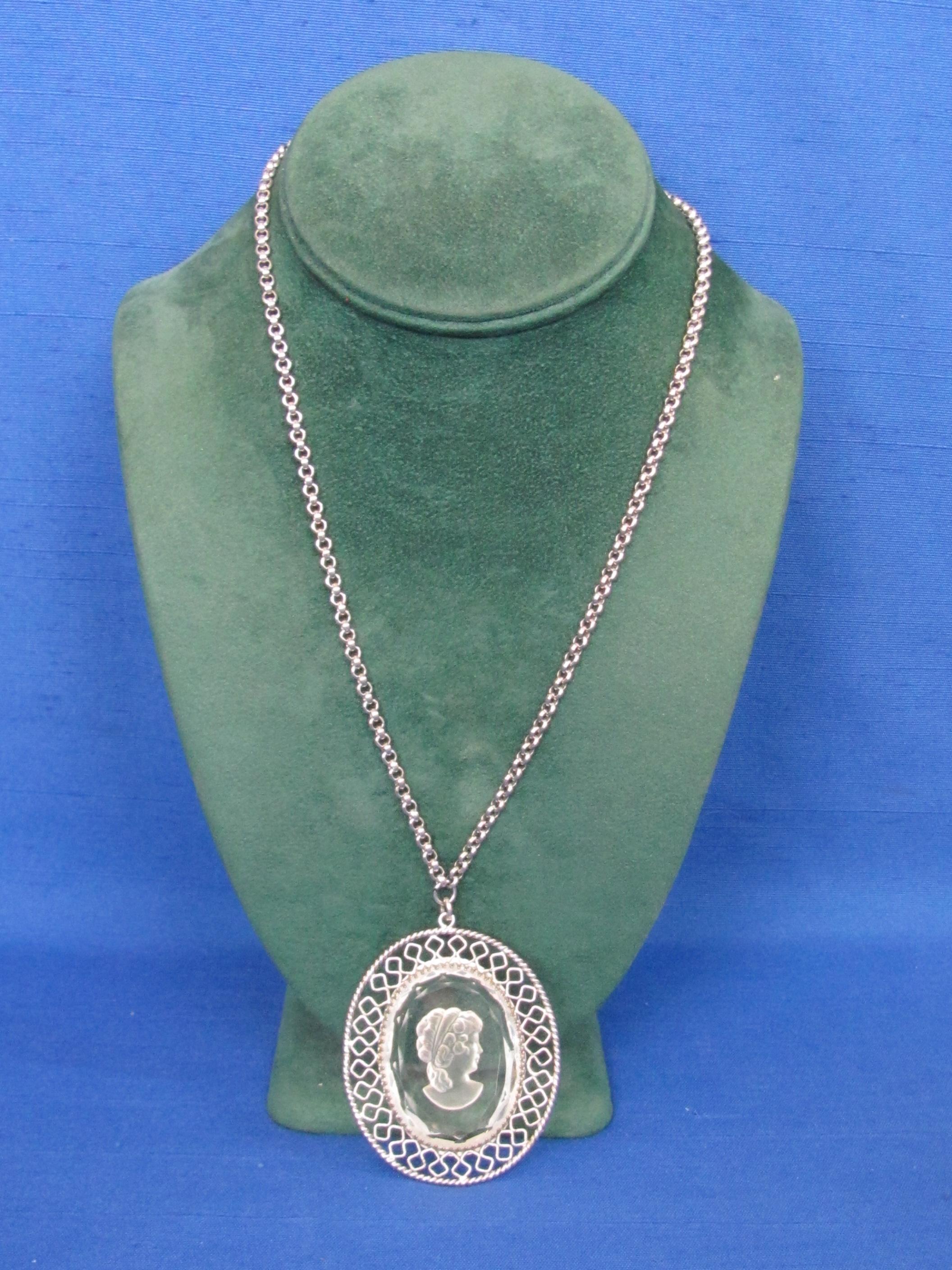 Whiting & Davis Intaglio Pendant & Clip-on Earrings Set – Chain is 18” - Pendant is 2 1/4”