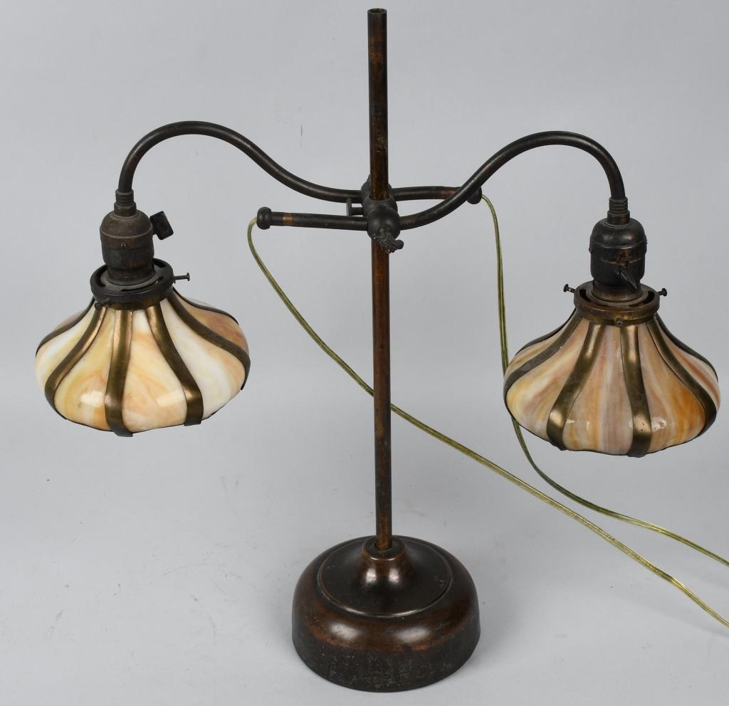 BRONZE DOUBLE SLAG GLASS STUDENT LAMP