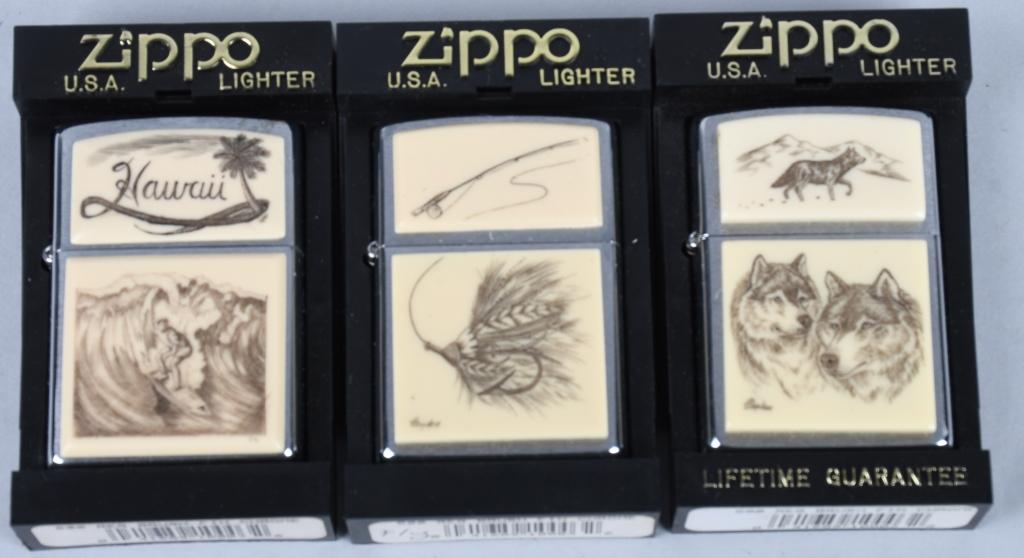 6- ZIPPO SCRIMSHAW LIGHTERS