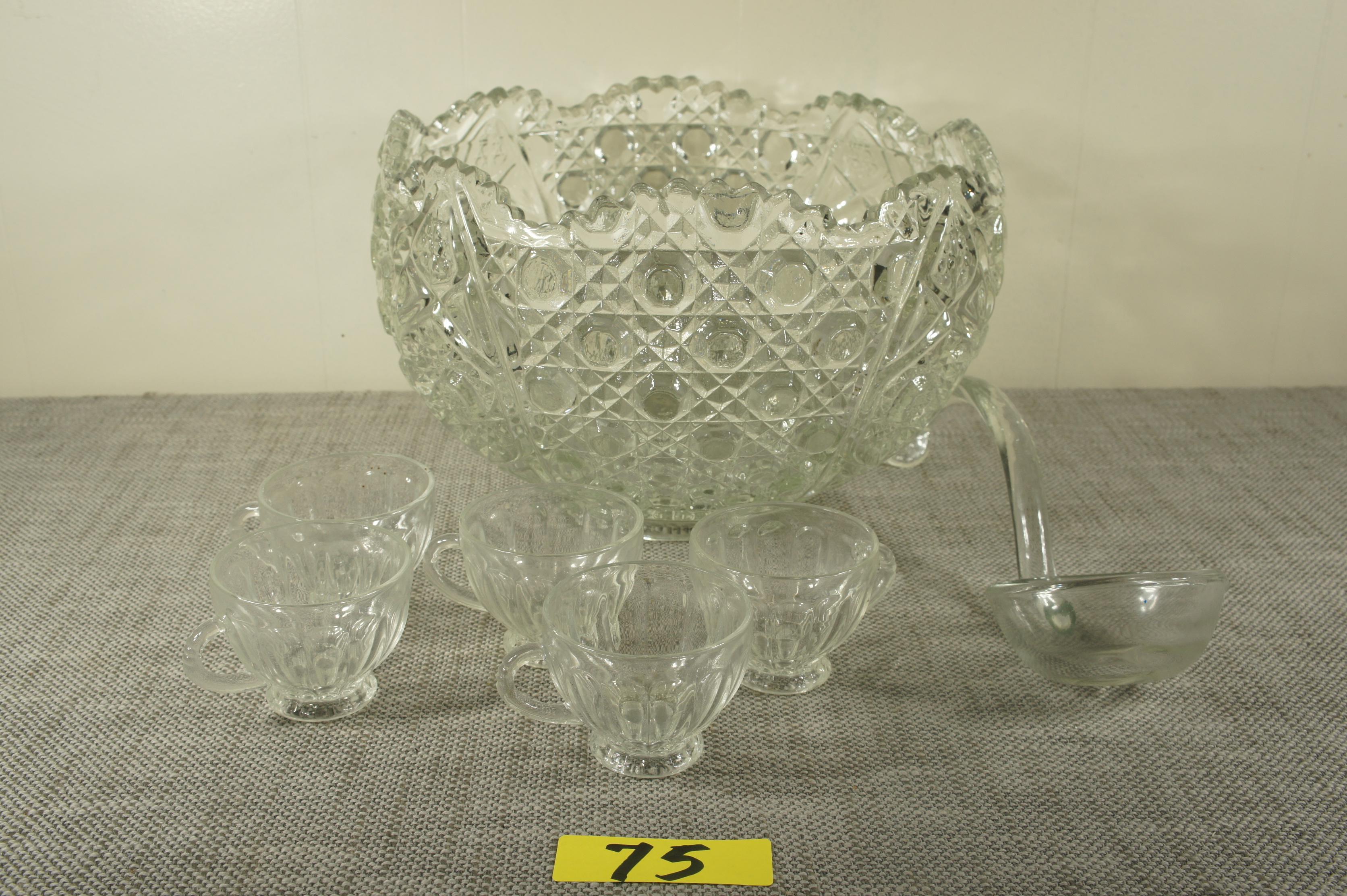 Cut Glass Punch Bowl, Ladle & cups -CO